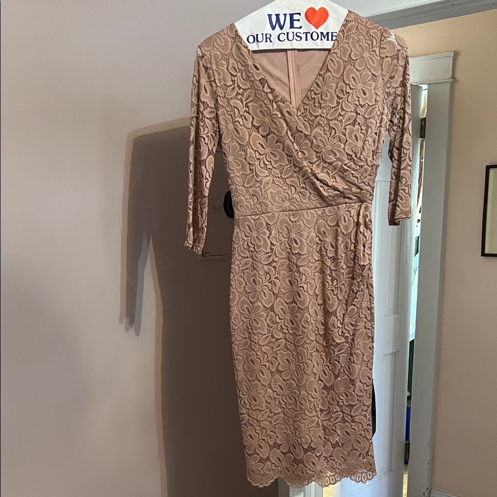 Elegant Lace Wrap-Front Dress in Taupe